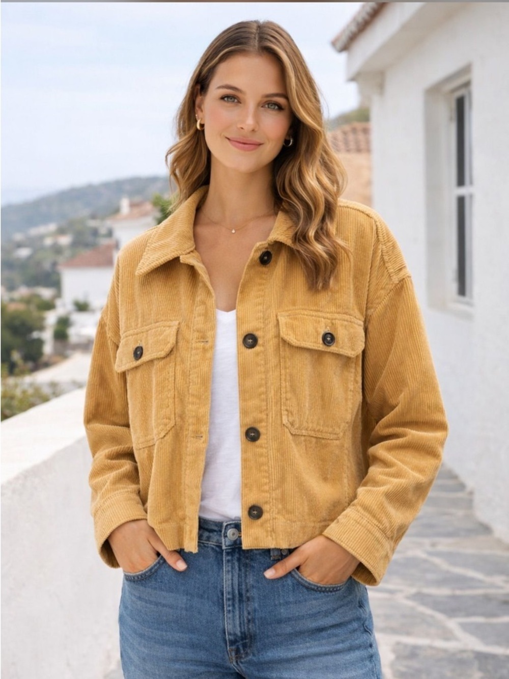 NWOT 7 for all mankind Corduroy Cropped Jacket Shacket - Mustard Yellow Large